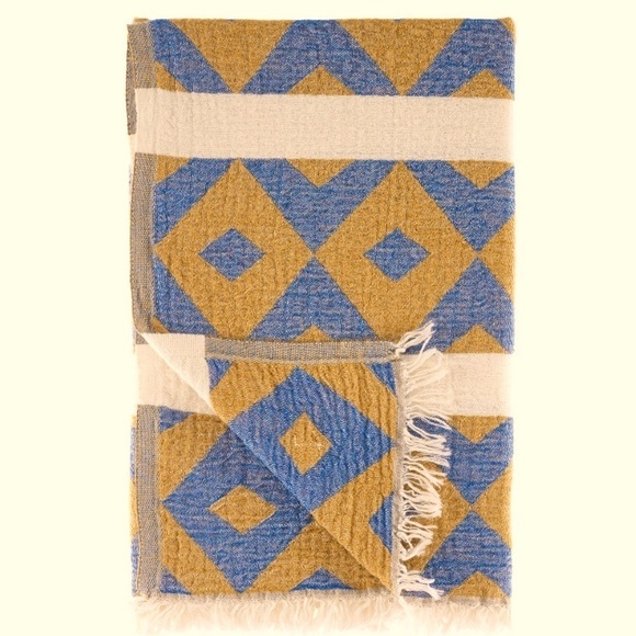 Quilted Boho Tablecloth Loom Weave Organic Cotton Blue Gold Cream Tablescape - Picture 3 of 10